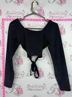 Crop navy sparkly Women's Sparkle Long-Sleeve Tie-Back Crop Top - Black